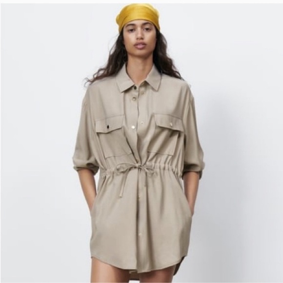 ZARA Lapel Collar Over-shirt Button Jacket/Dress Drawstring Waist M Utility - Picture 11 of 11